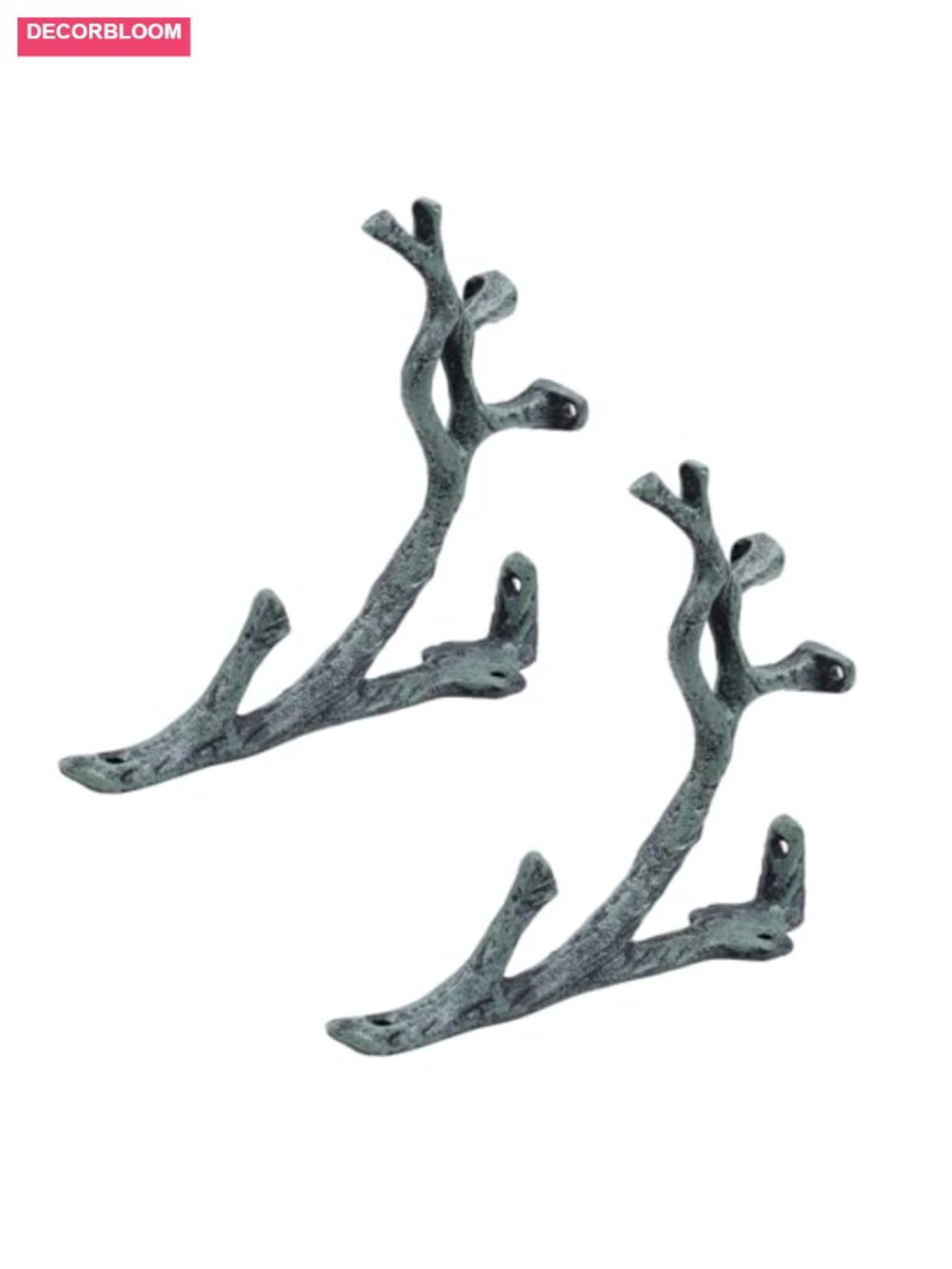 2Pc Cast Iron Tree Branch Shelf Brackets w/ Hooks Wall Mount Rustic